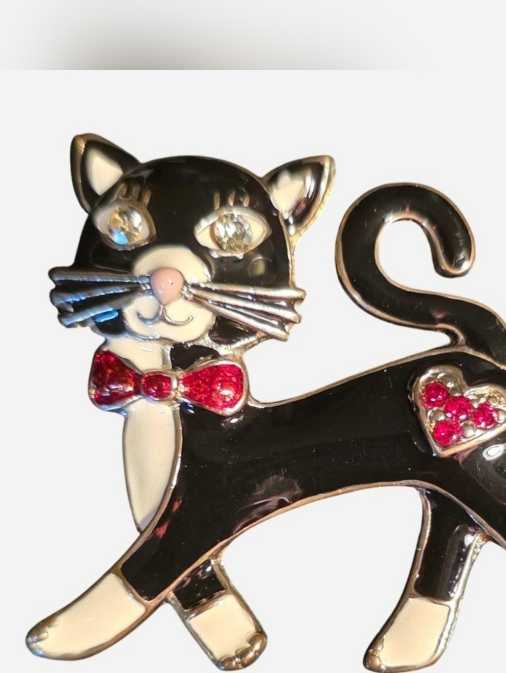Betsey Johnson Black Enamel Cat Brooch & Stud Earrings w/Red Crystals Bows Heart - Picture 3 of 6